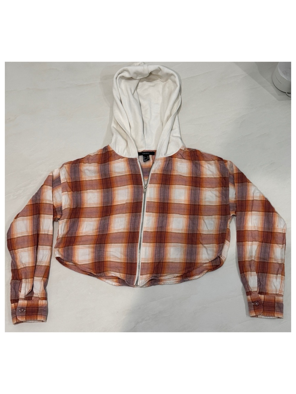 F21 Cropped Hooded Plaid Zip-Up Jacket in Rust and Cream
